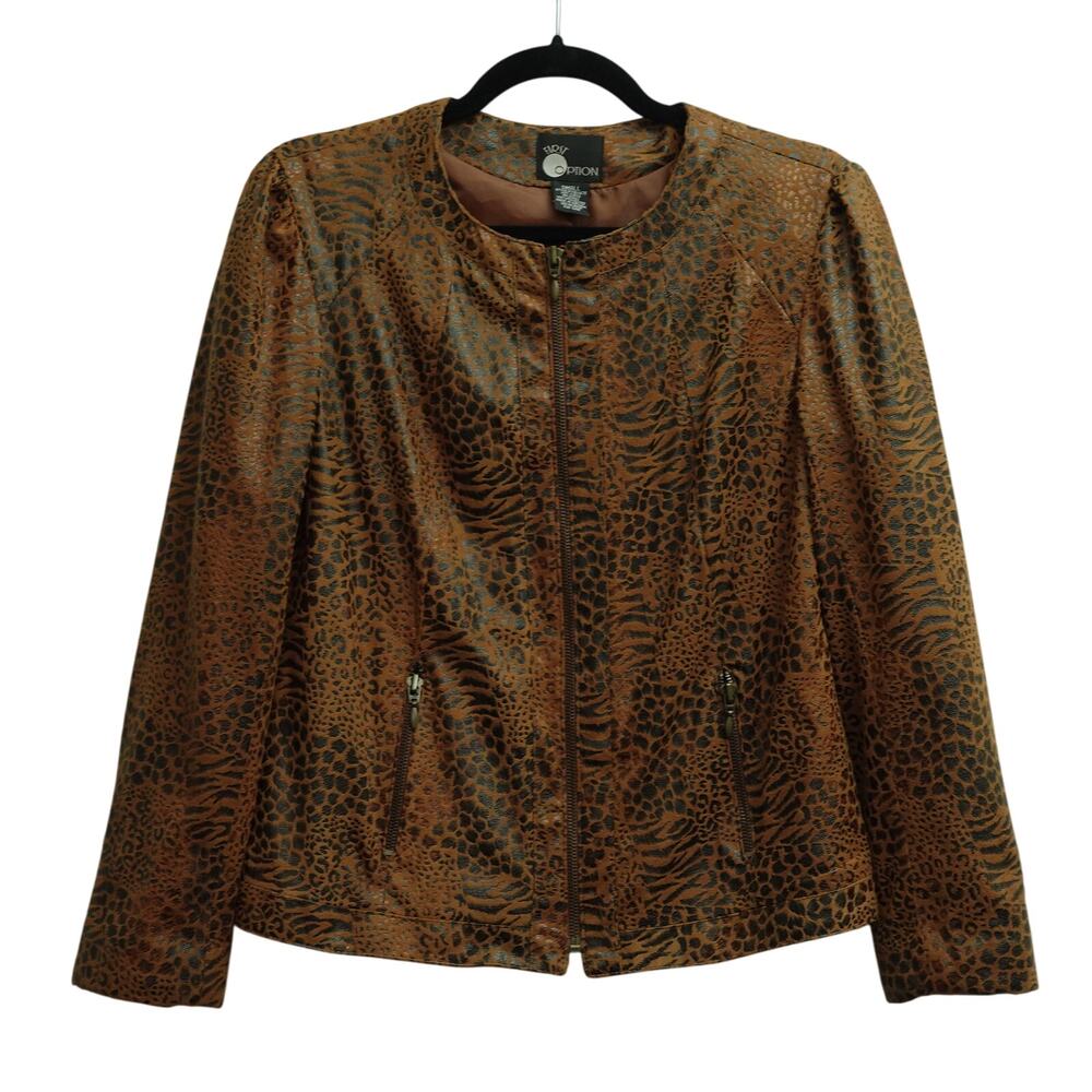 First Option Womens Animal Print Jacket Zip-Up Pockets Lined Brown Black Size S